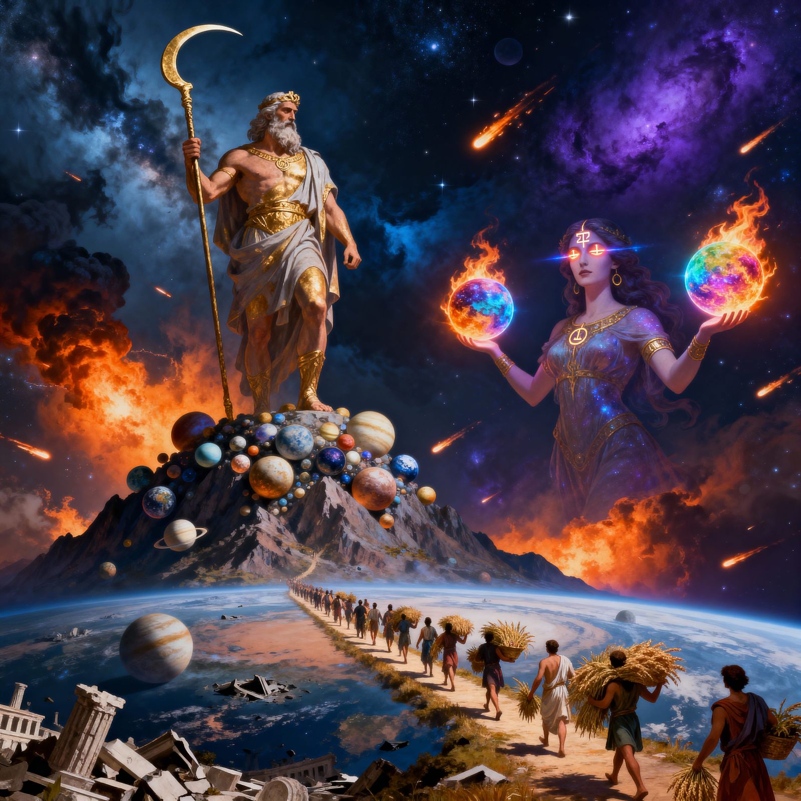 Kronos the Titan with Sickle Over Planet Mountain