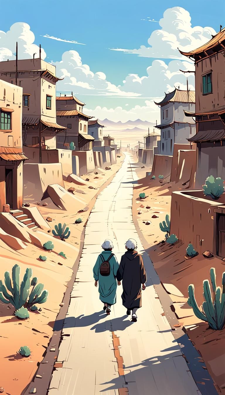 Elderly Couple Walking Desert Road in Anime Style