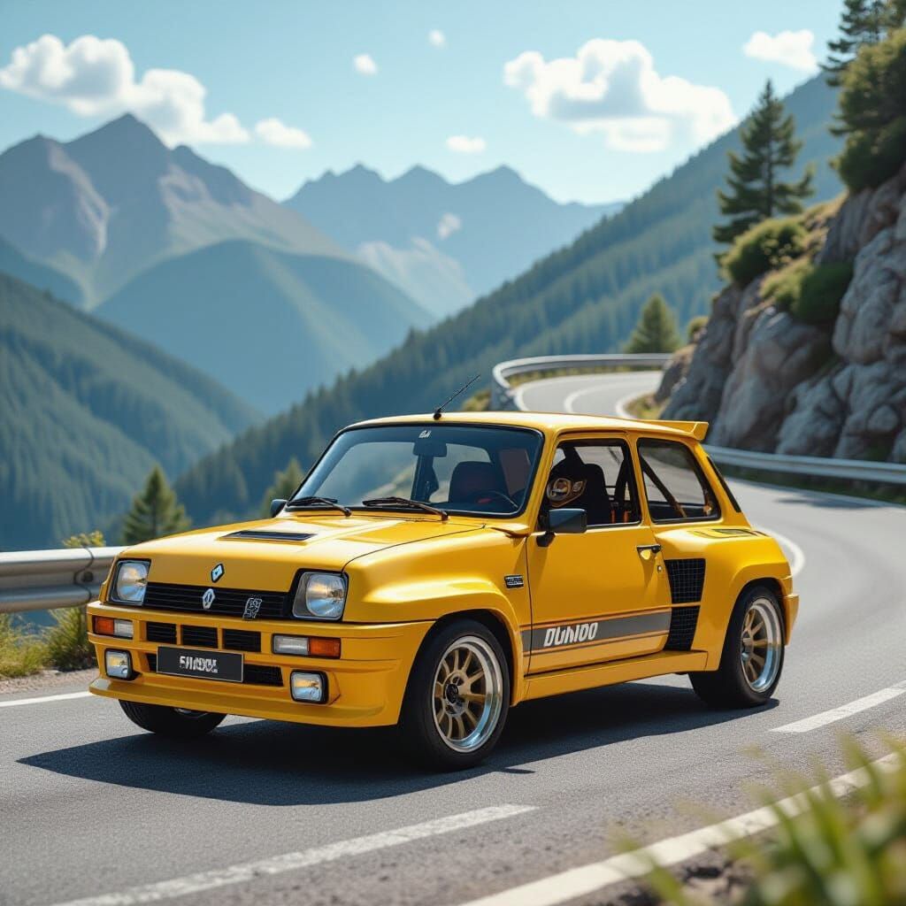 Yellow Renault 5 Turbo 2 on Mountain Road