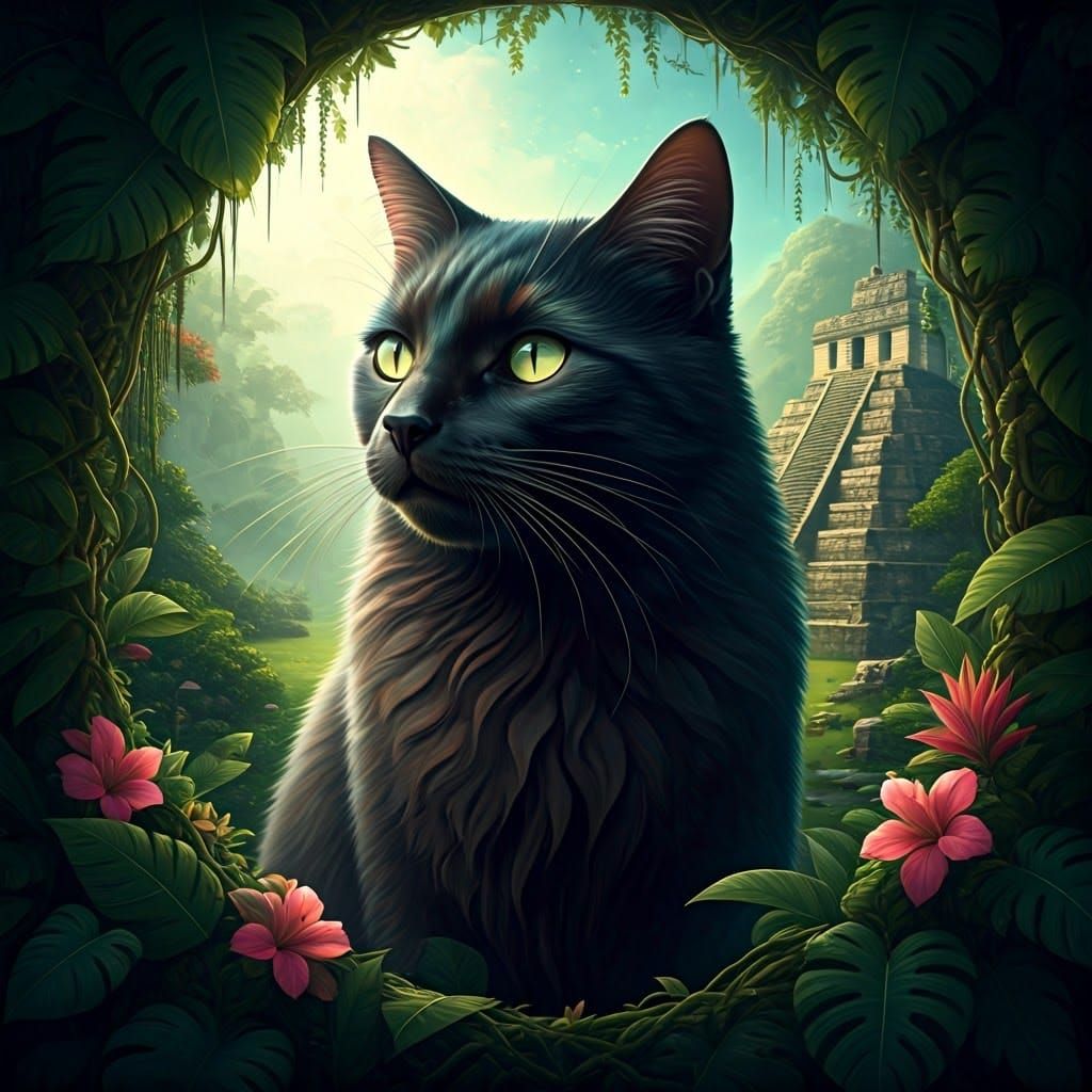 Black Cat in Mayan Rainforest Logo, Surreal Illustration