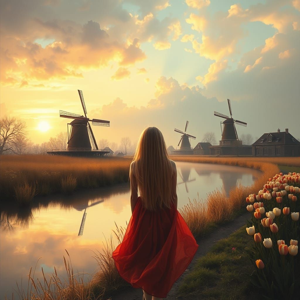 Whimsical Dutch Landscape in Soft, Dreamy Hues