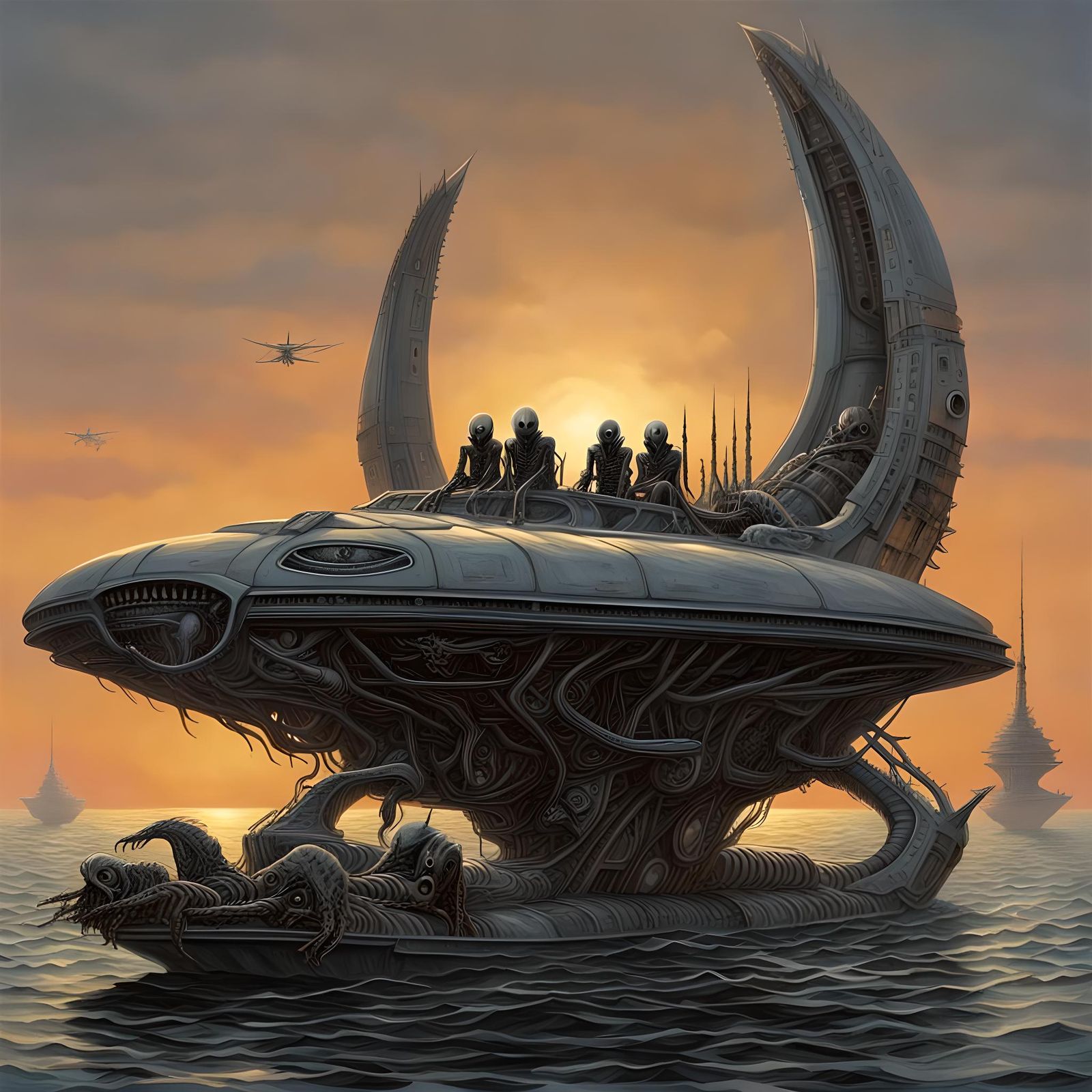 Demonic Grey Aliens on Spacecraft at Sunset