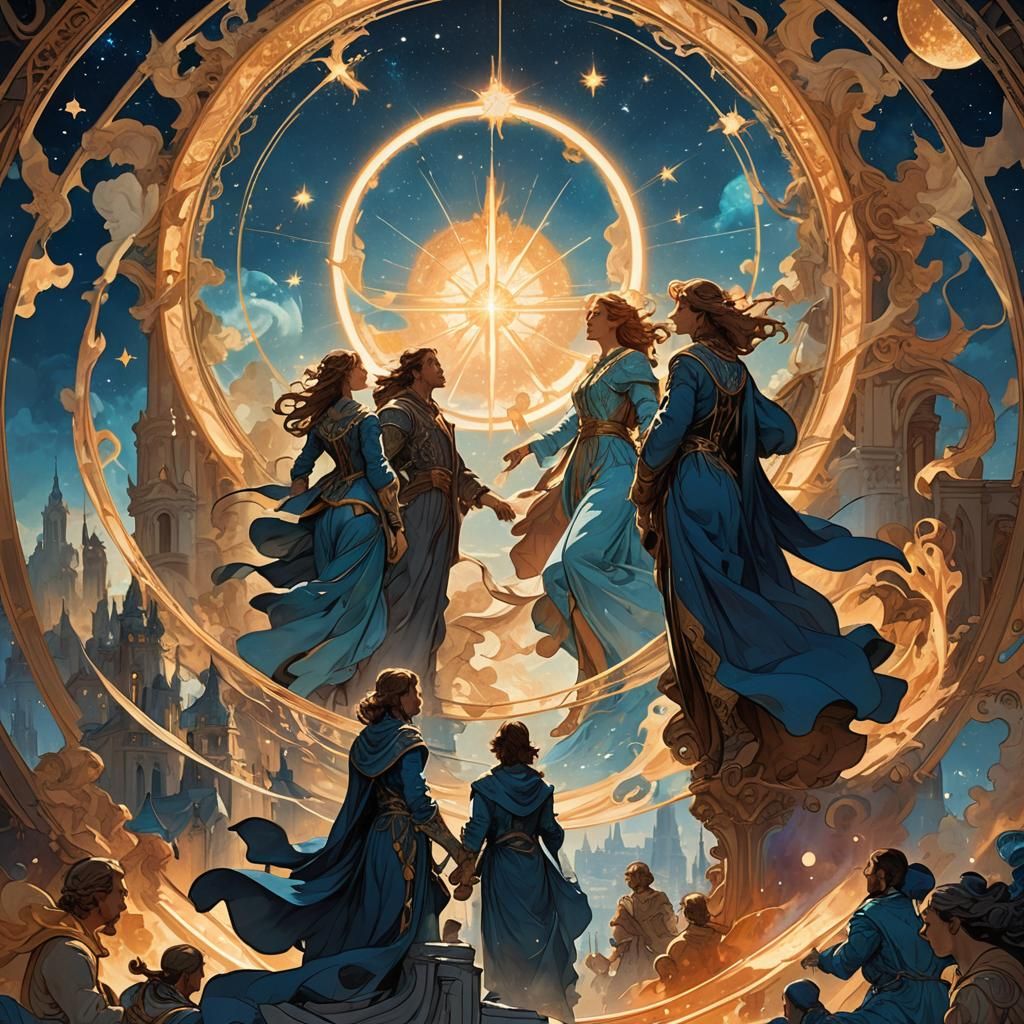 Celestial Gathering Before a Futuristic Cityscape