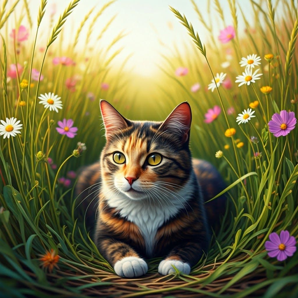 Tortoiseshell Cat Lounging in Impressionistic Wildflower Mea...