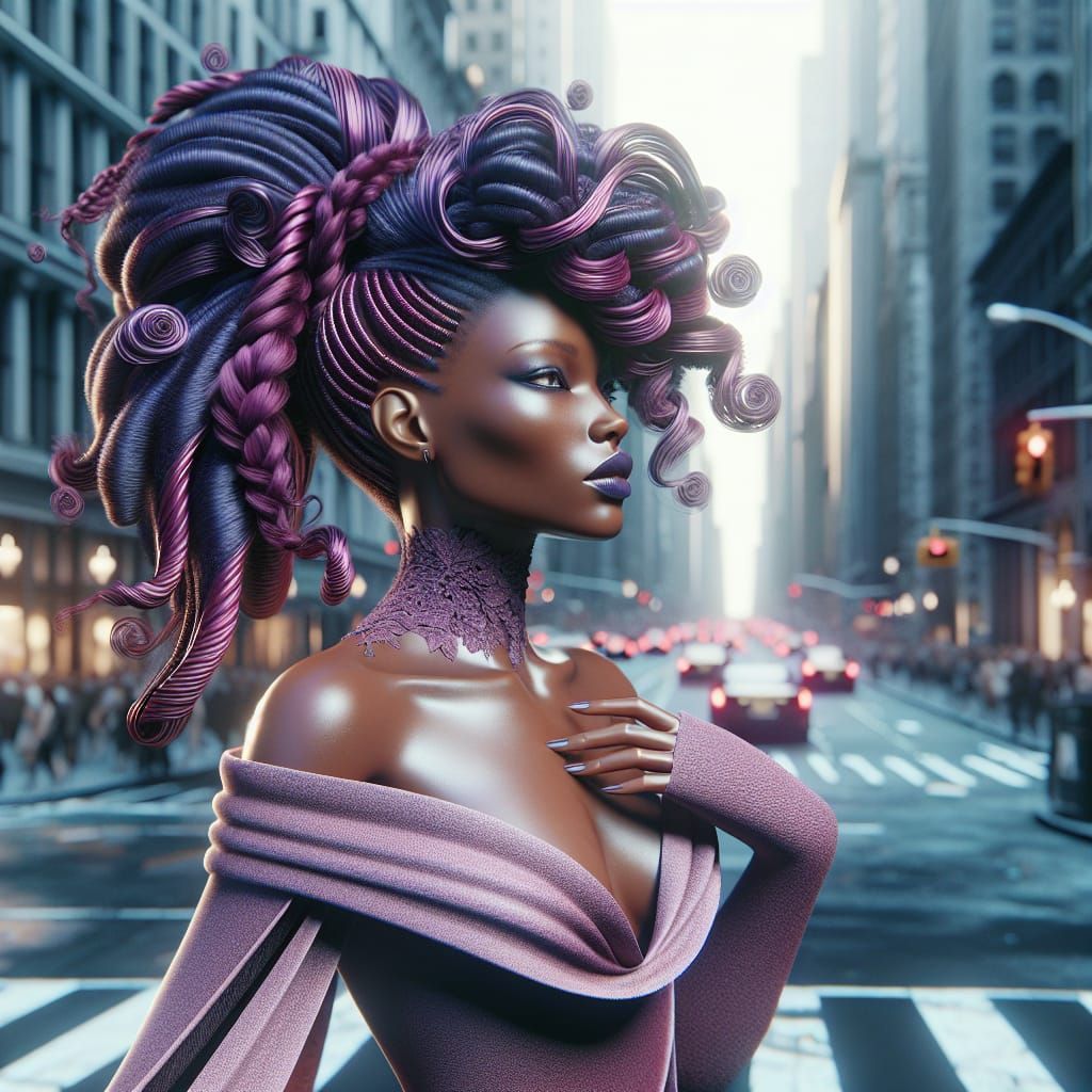 Black Woman in Plum Locs Walks Down Fifth Avenue in Haute Co...