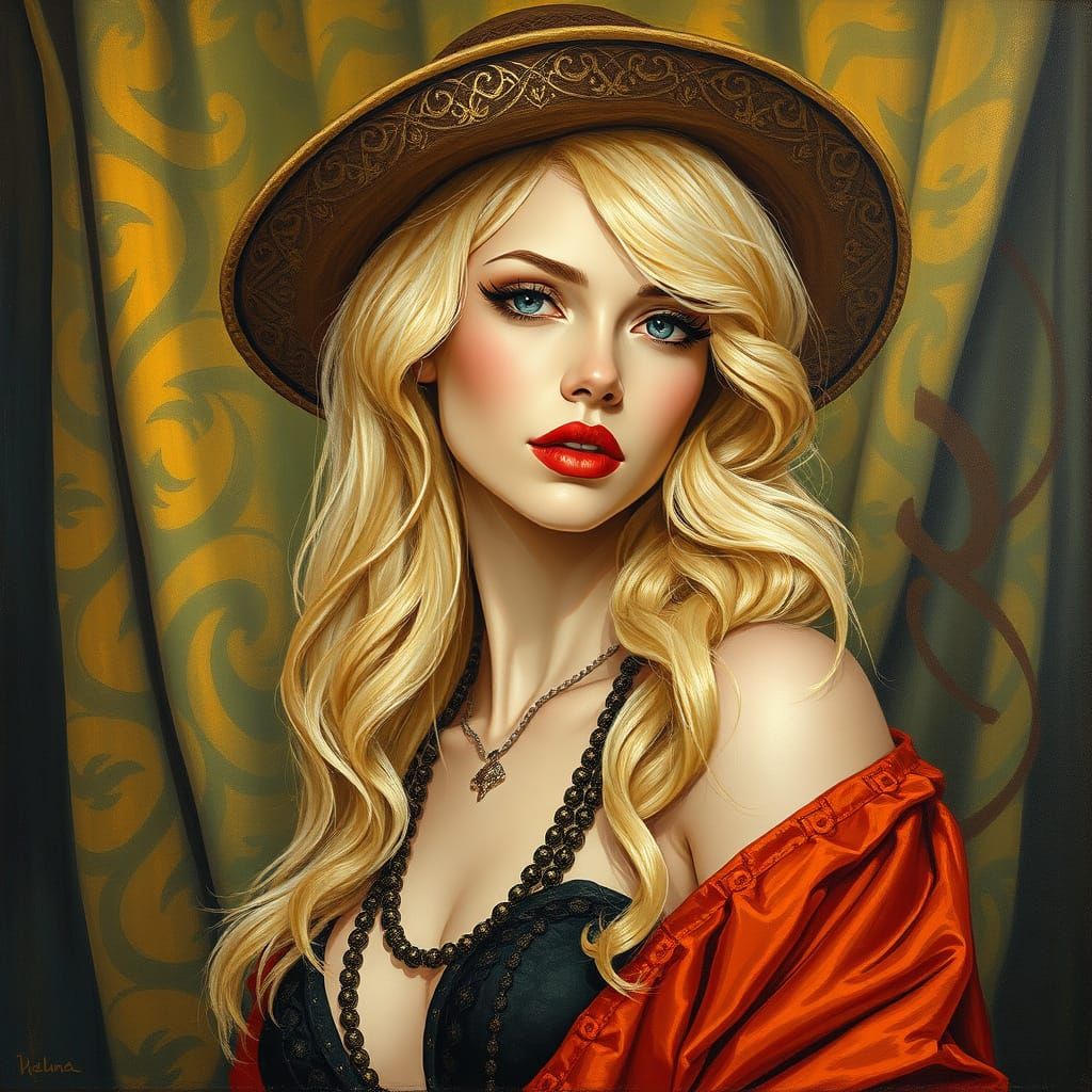Elegant Blonde Woman in Golden Headdress, Oil and Acrylic Pa...