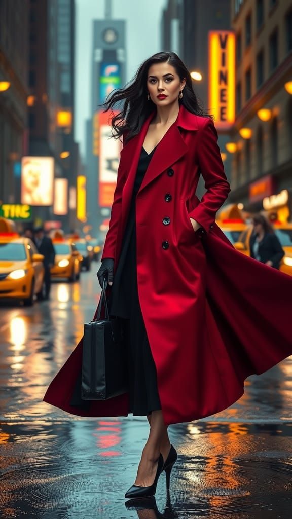 Elegant Woman in Crimson Coat Stands Out in Rainy NYC Street...