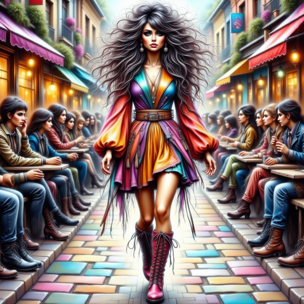 Sultry Boho Fashion Model Struts Down Modern Catwalk