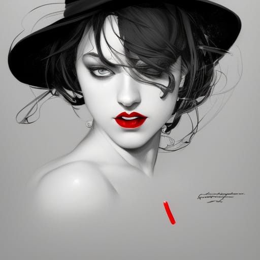 Striking Fedora Portrait with Red Lips in Art Nouveau Style