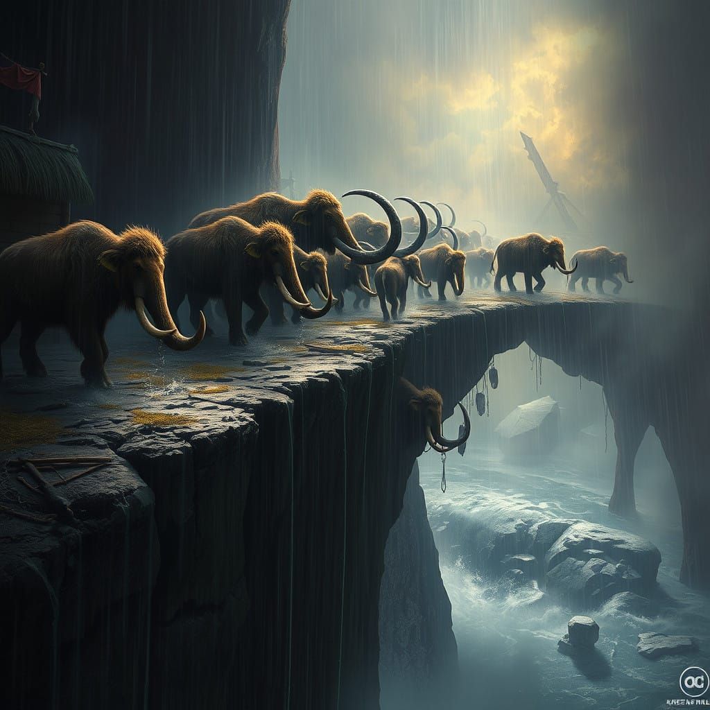 Clovis People Hunt Wooly Mammoths in Dark Fantasy Landscape