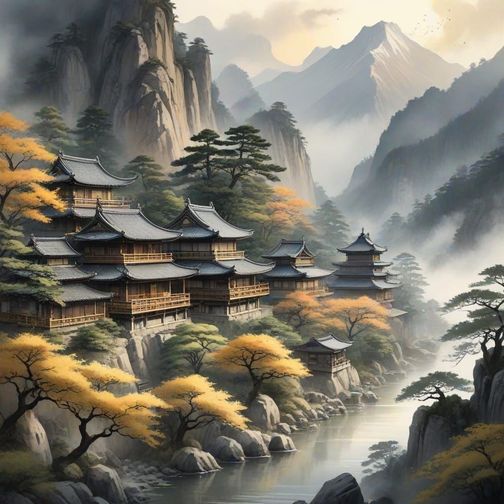 Serene Japanese Town Watercolor Painting