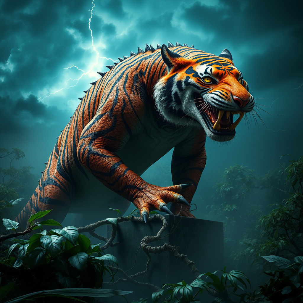 Tiger-Crocodile Hybrid in Primeval Jungle