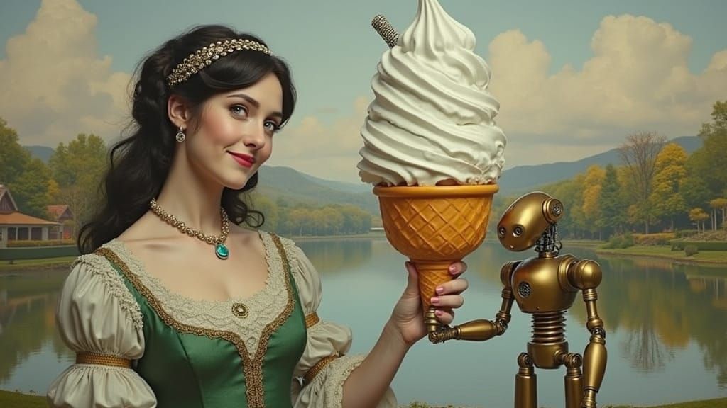 Robot Serves Ice Cream to Georgian Woman, Cinematic Film Sti...