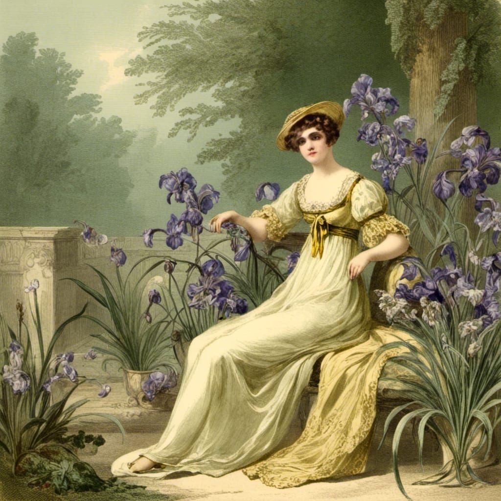 Girl in Regency Gown in Iris Garden