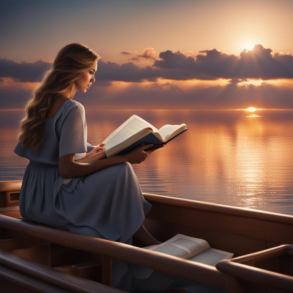 Woman Reading on Boat at Sunset: Matte Painting