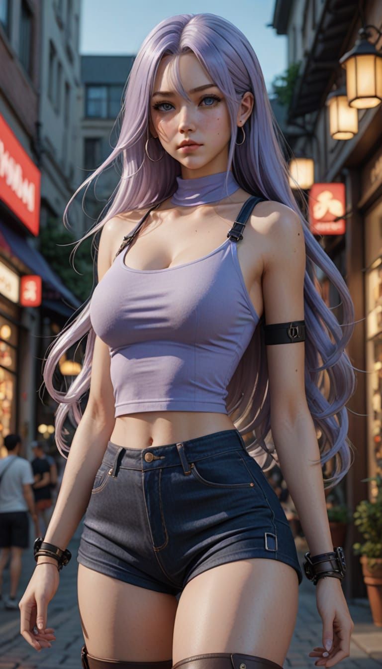 Voluptuous Anime Woman with Lavender Hair in 3D Art