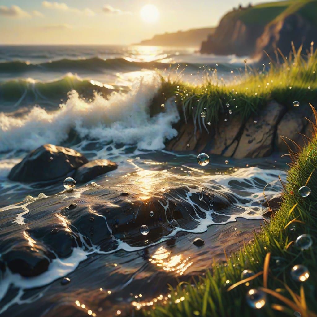 Dramatic Cliffside Waves in Oil Painting Style