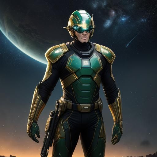 Futuristic Green-Skinned Figure with Ray Gun