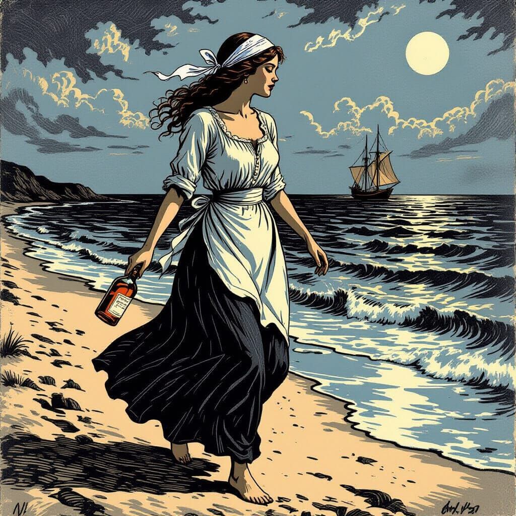 Melancholic Woman on Shoreline in Woodcut Style