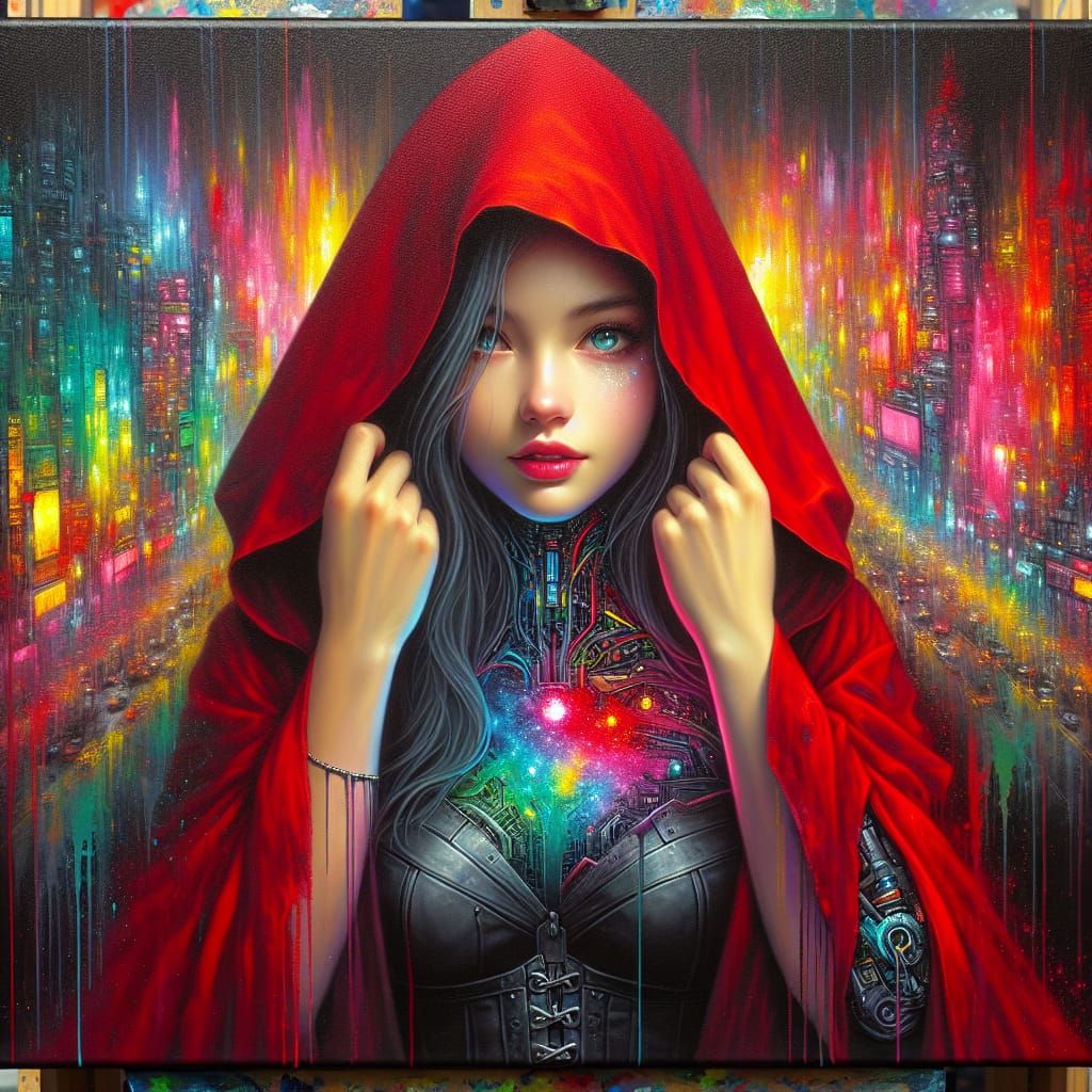 Cyberpunk Girl with Biotech Implants in Acrylic Painting