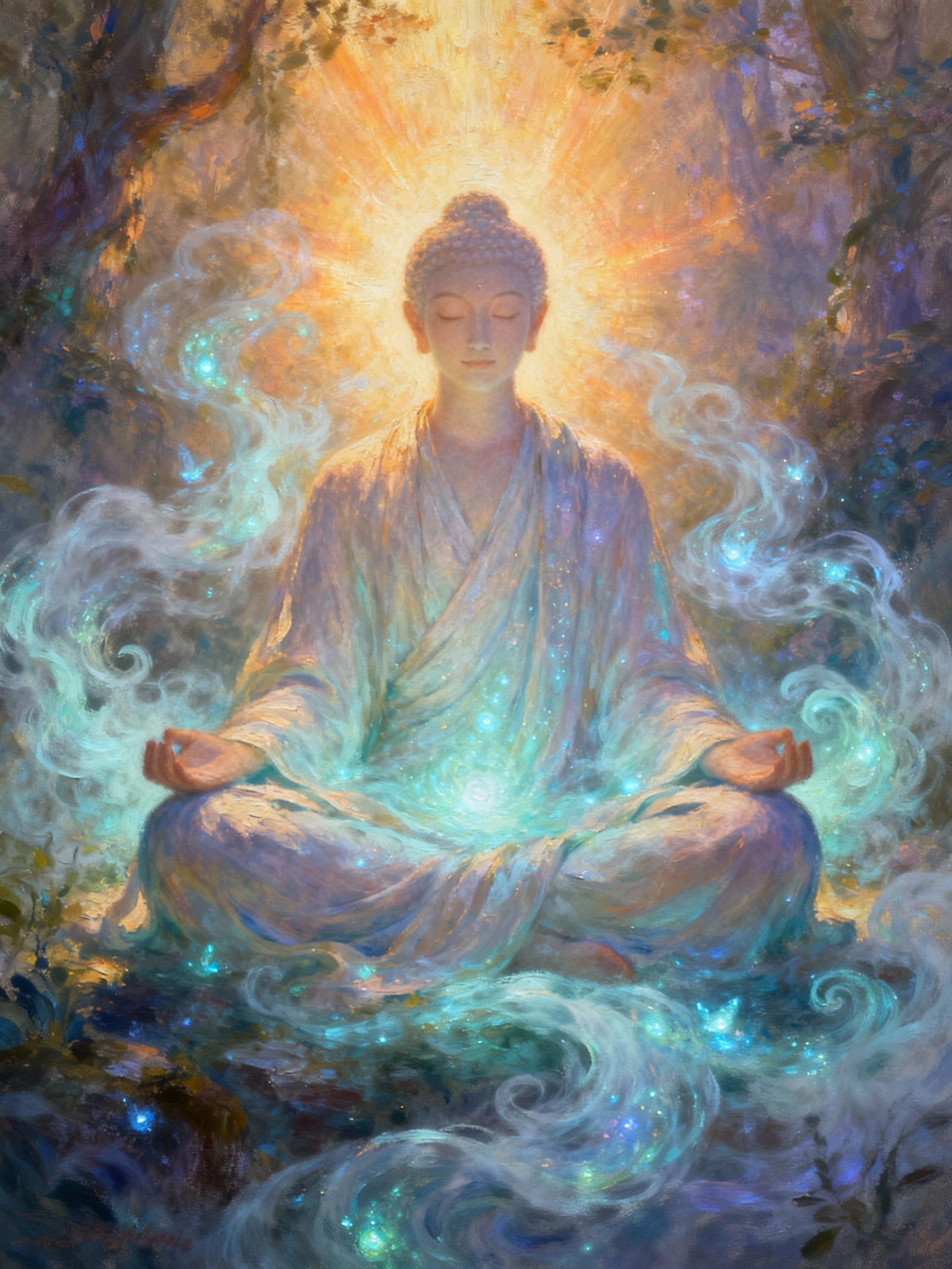 Meditating Character in Protective Bioluminescent Glow