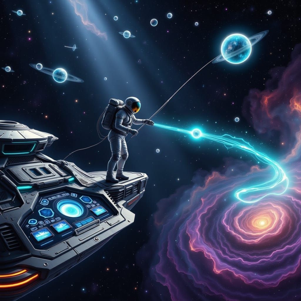 Astronaut Fishing Celestial Bodies in Deep Space