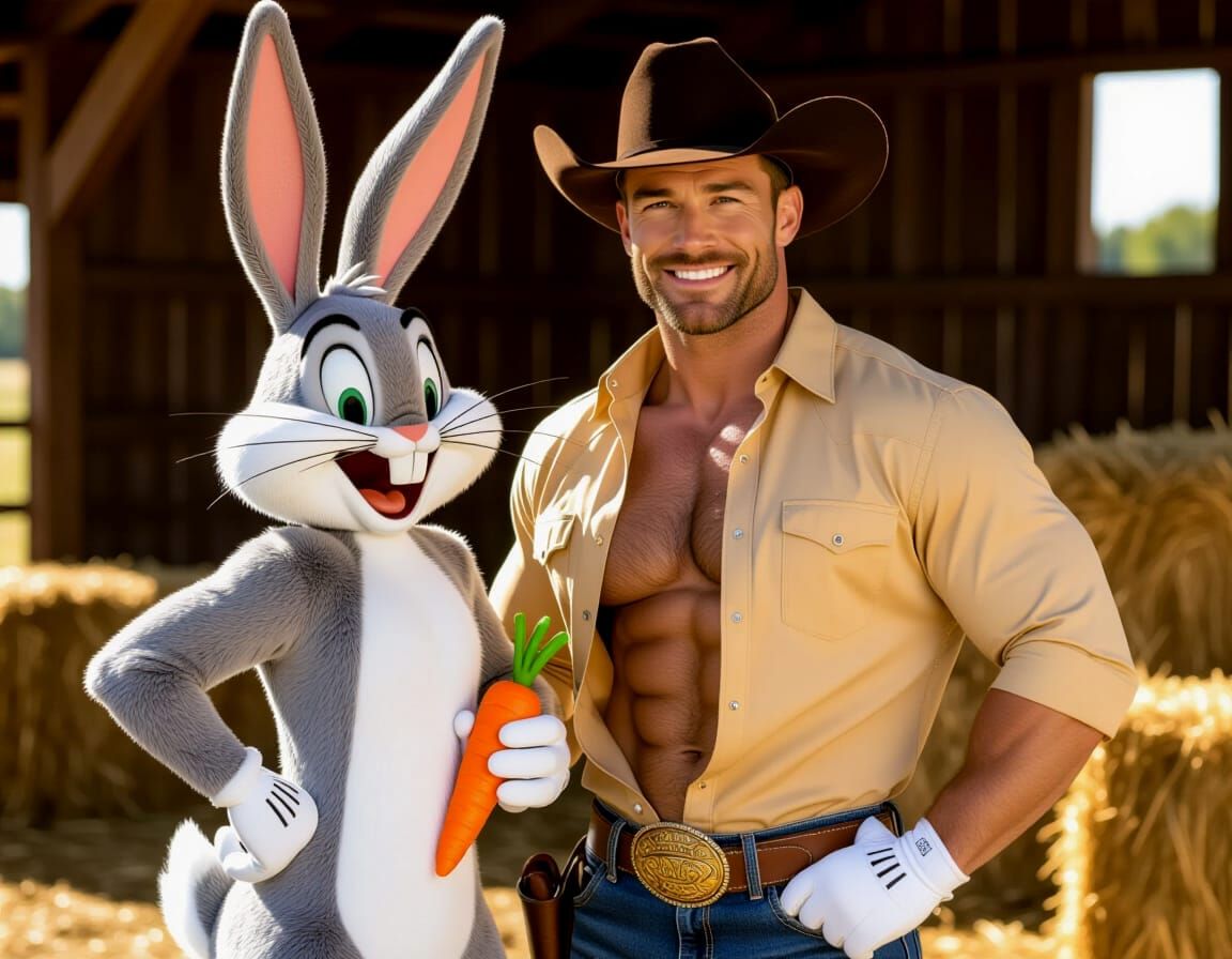 Cowboy and Bugs Bunny in Earthy Farm Tones