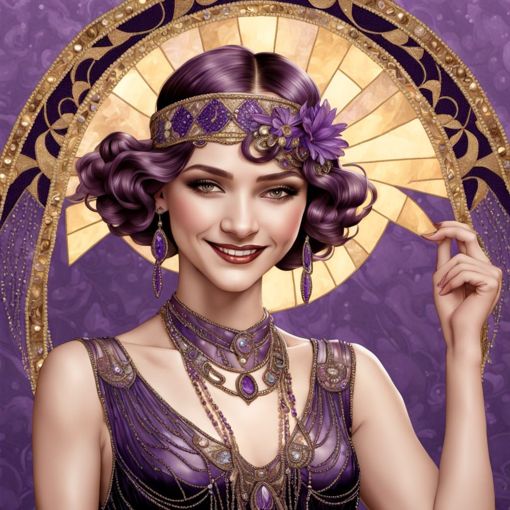 Art Nouveau Flapper Portrait in Purple and Onyx