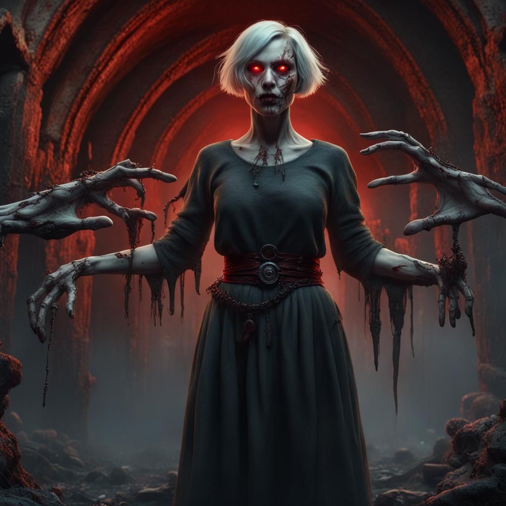 Ethereal Woman Pilgrim in Horror Art Style