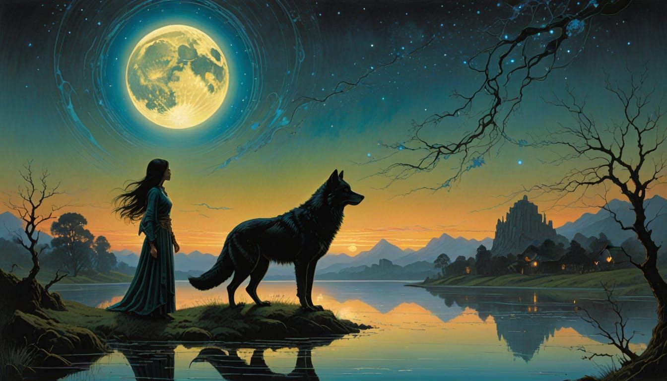 Hopeful Woman Stands at Dawn Lake in Whimsical Harmony