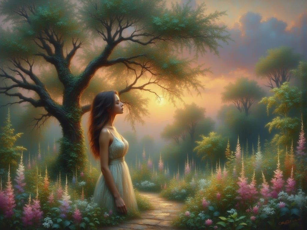 Woman in Serene Twilight Garden, Drinking in the Celestial M...