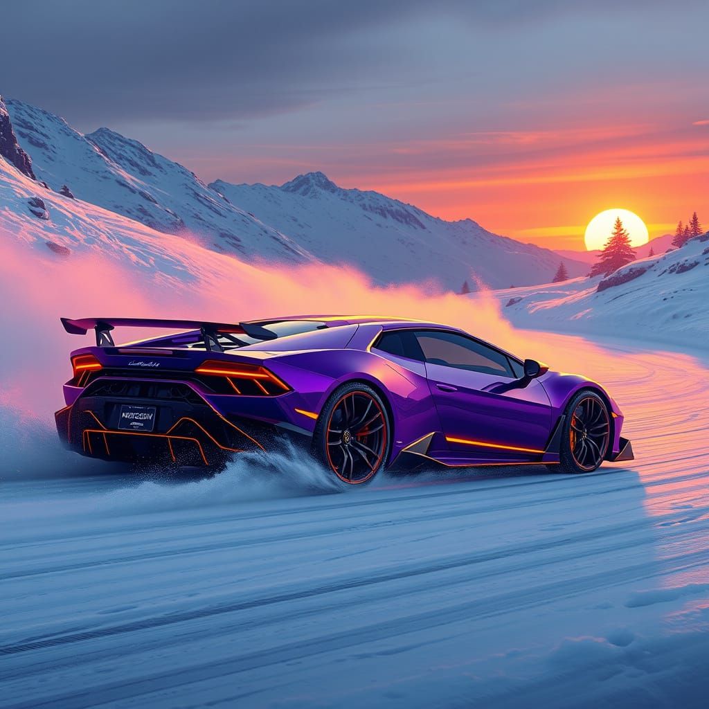 Sleek Neon Purple Lamborghini Drifts Through Snowy Mountains...