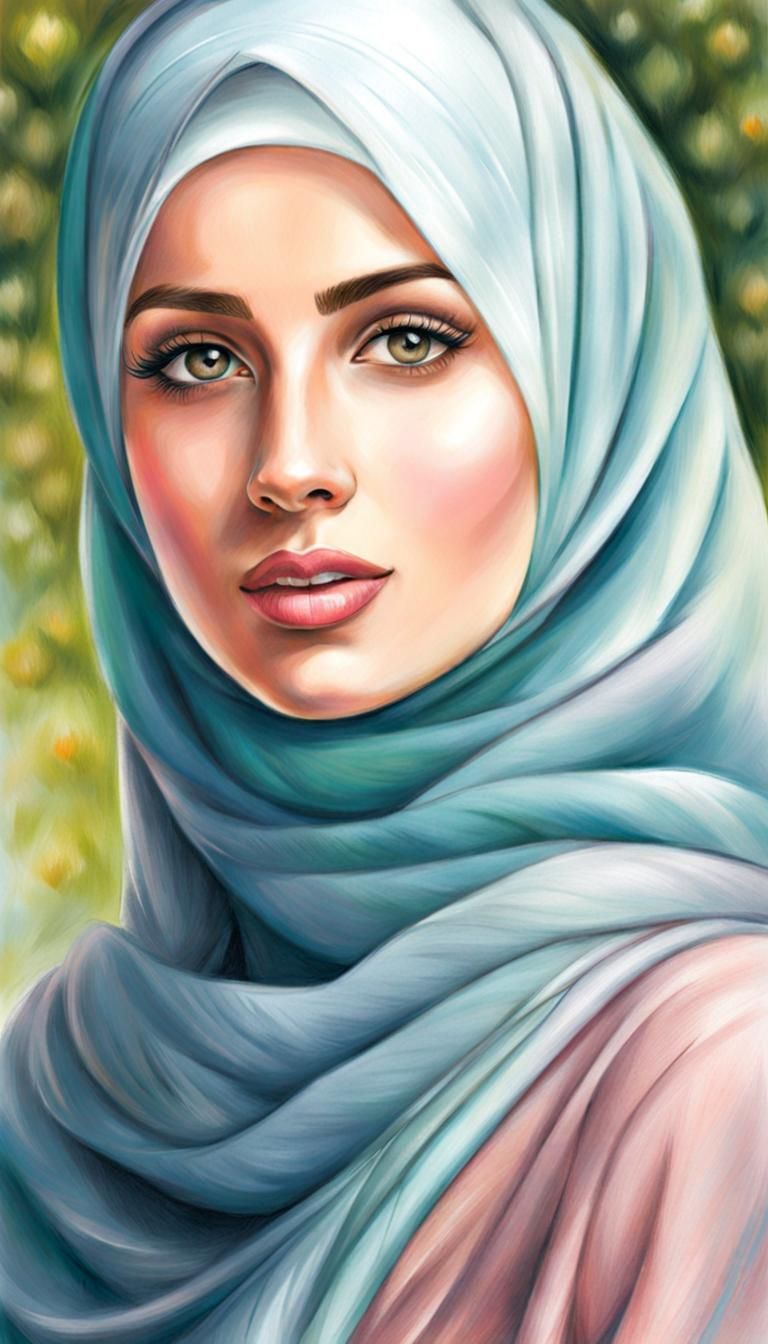 Beautiful Hijabi Woman in Colored Pencil Drawing