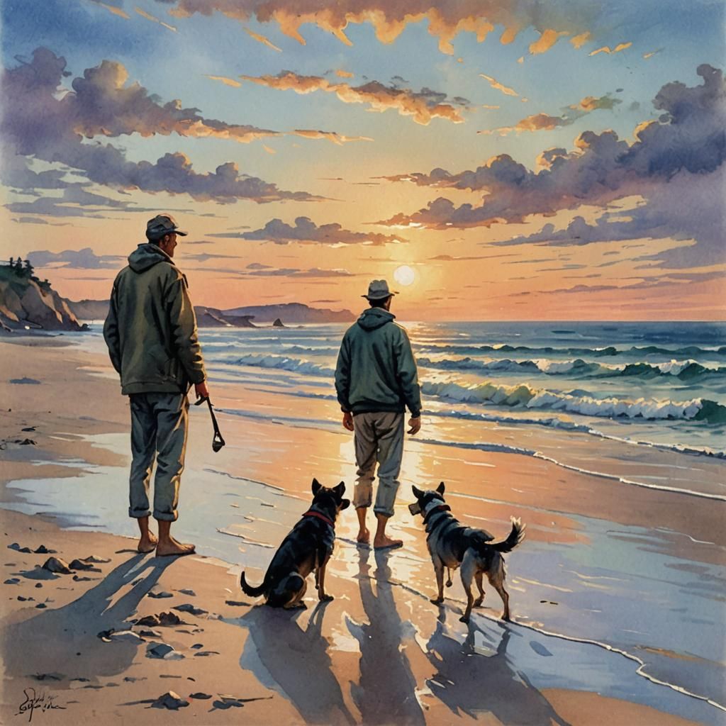 Sunrise Beach Scene in Impressionist Gouache Style