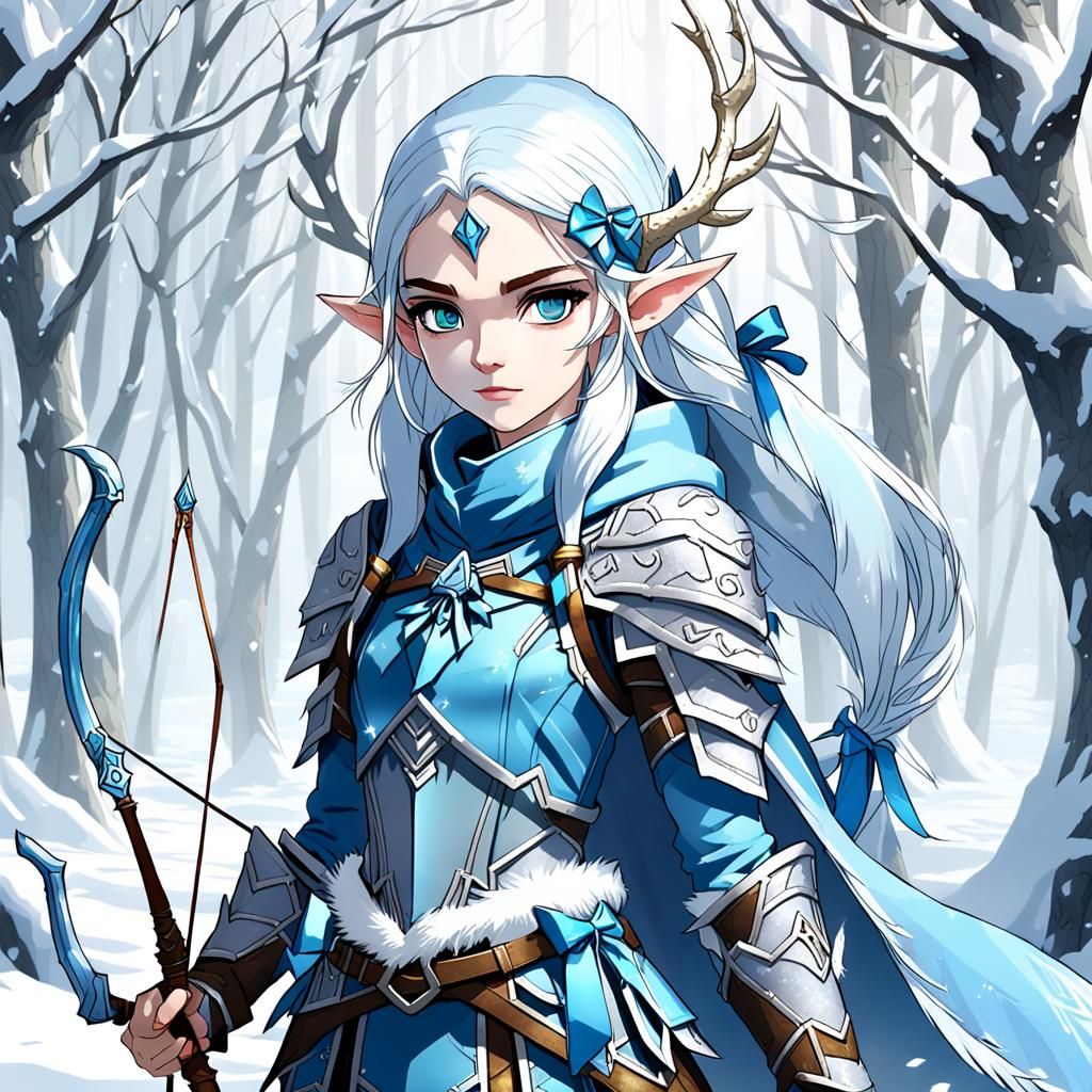 Snow Elf Ranger:

A graceful snow elf, clad in icy blue armor, standing watchful amidst a snow-covered forest. Her bow i...