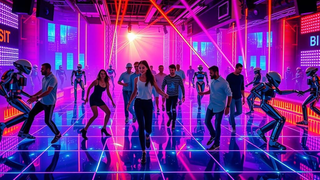 Robots Dancing in Neon-Lit Cyberpunk Nightclub