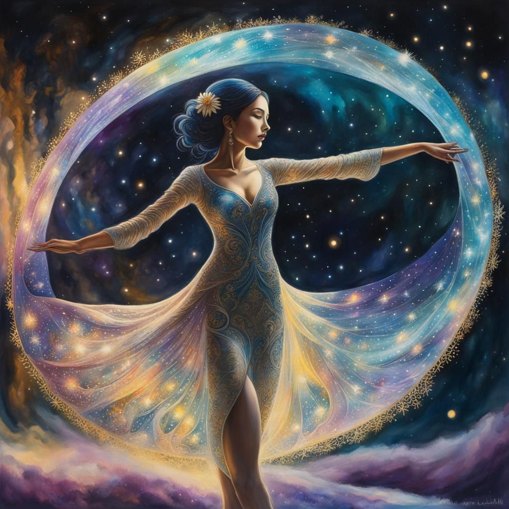 Mysterious Woman in Cosmic Forest, Mixed Media Art