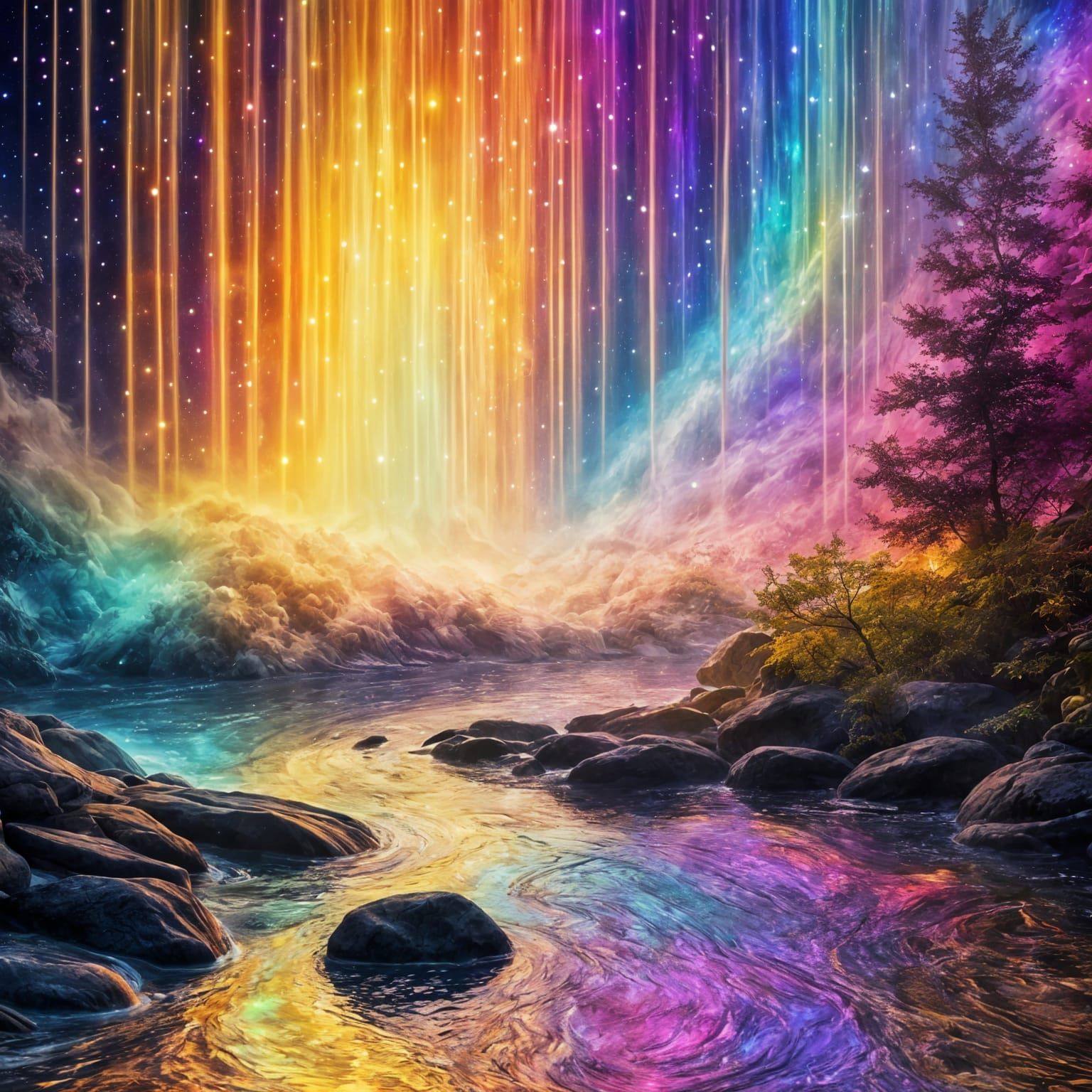 Rainbow Waterfall of Light in Fantasy Galaxy