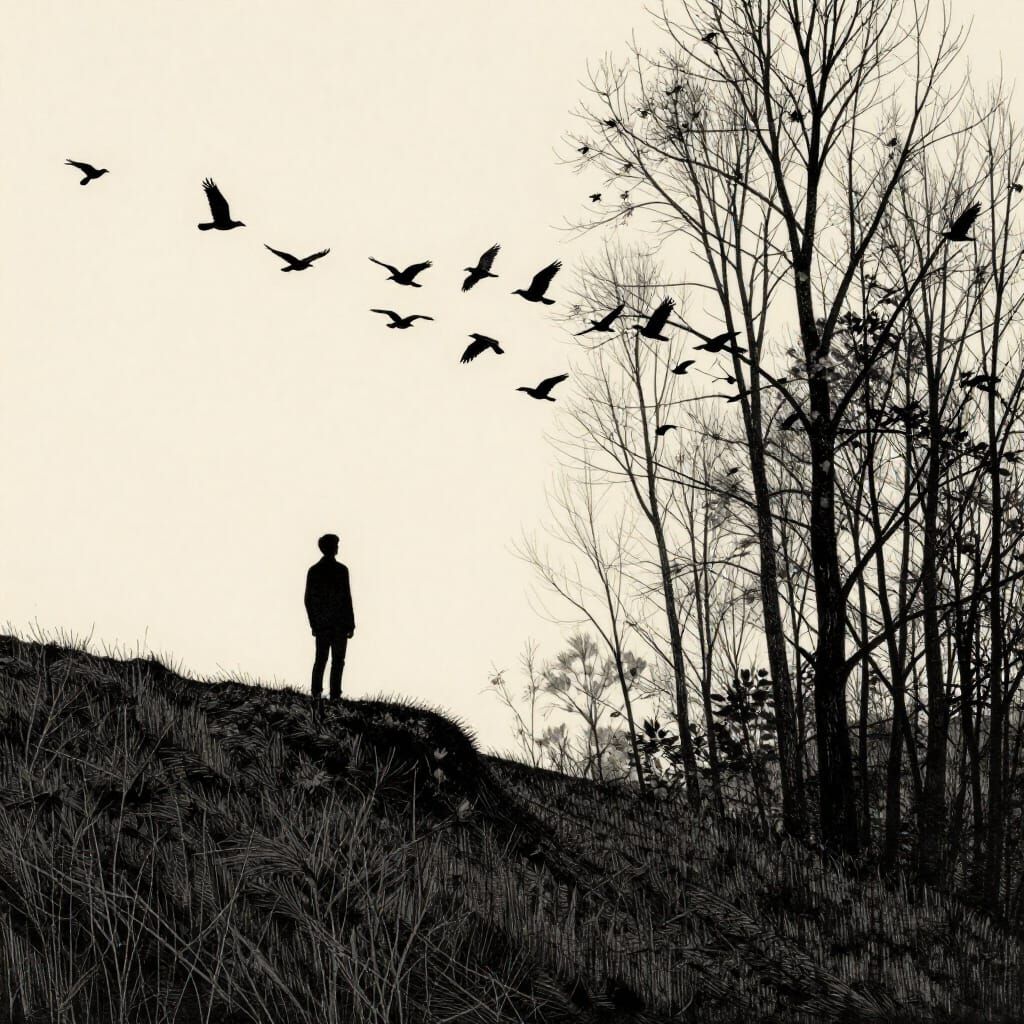 Lone Figure Watches Birds Take Flight in Sepia Ink Drawing
