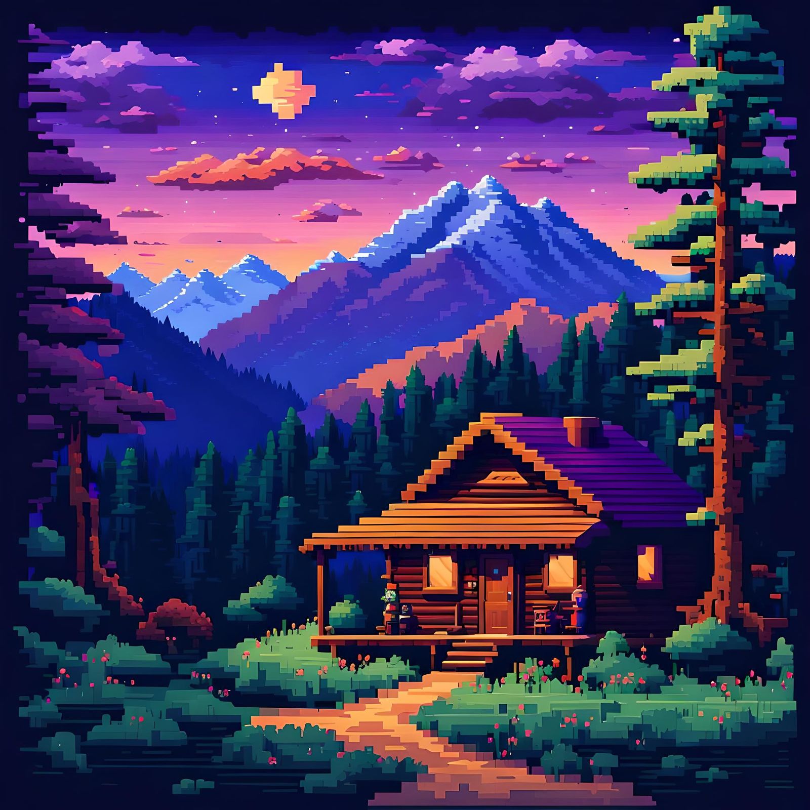 Pixel Art Mountain Cabin in 16-Bit Style