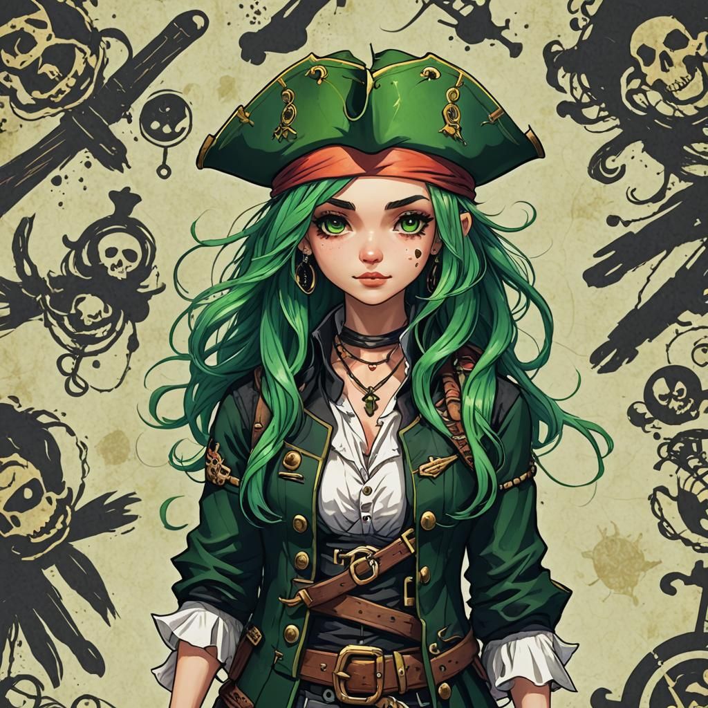 Whimsical Green-Haired Pirate Character