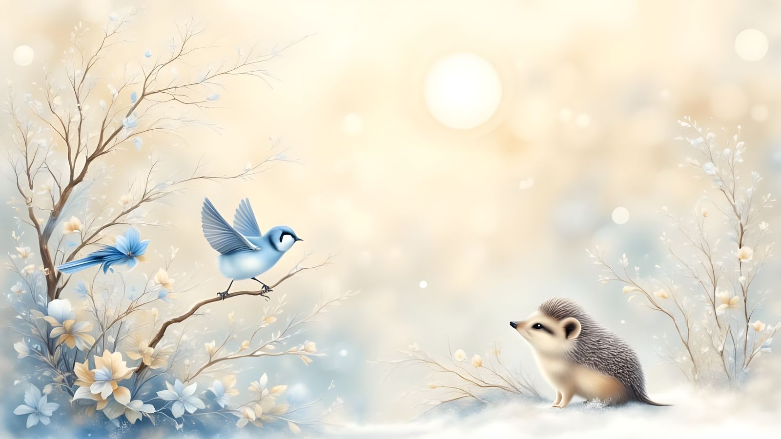 Dreamy Blue Bird on Frozen Twig, Mokuhanga Art