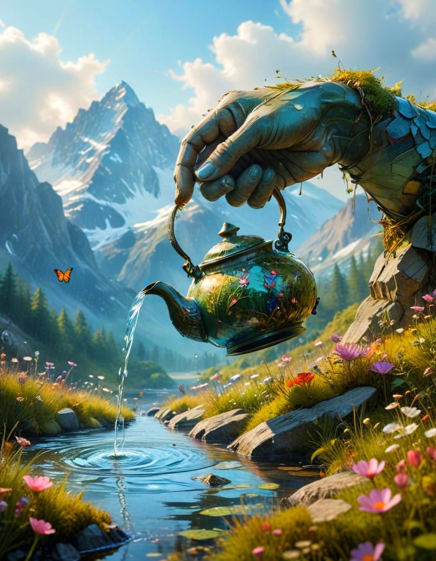 Giant Stone Hand Pours Water in Mountain Meadow