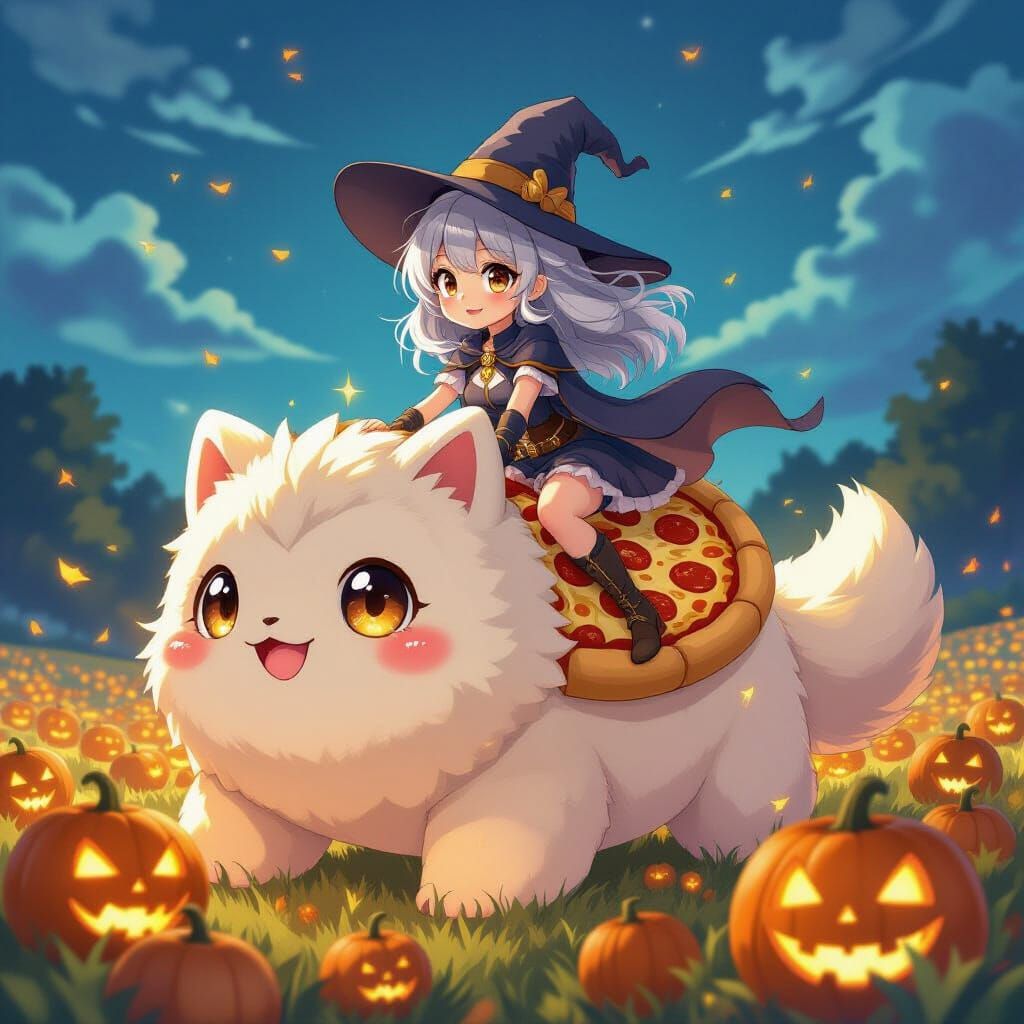 Anime Sorceress Rides Pizza Creature Through Pumpkin Field