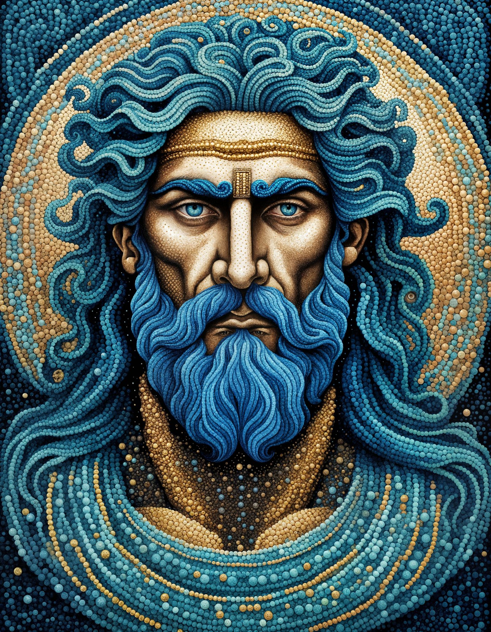 Pointillist Portrait of Handsome Poseidon in Aquatic Tones