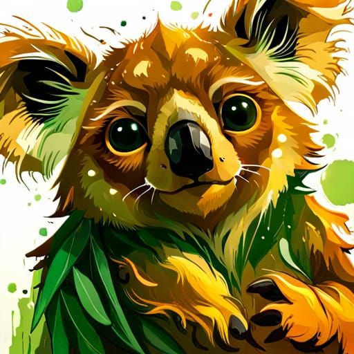 Happy Green Koala, Hyperrealistic Splash Art