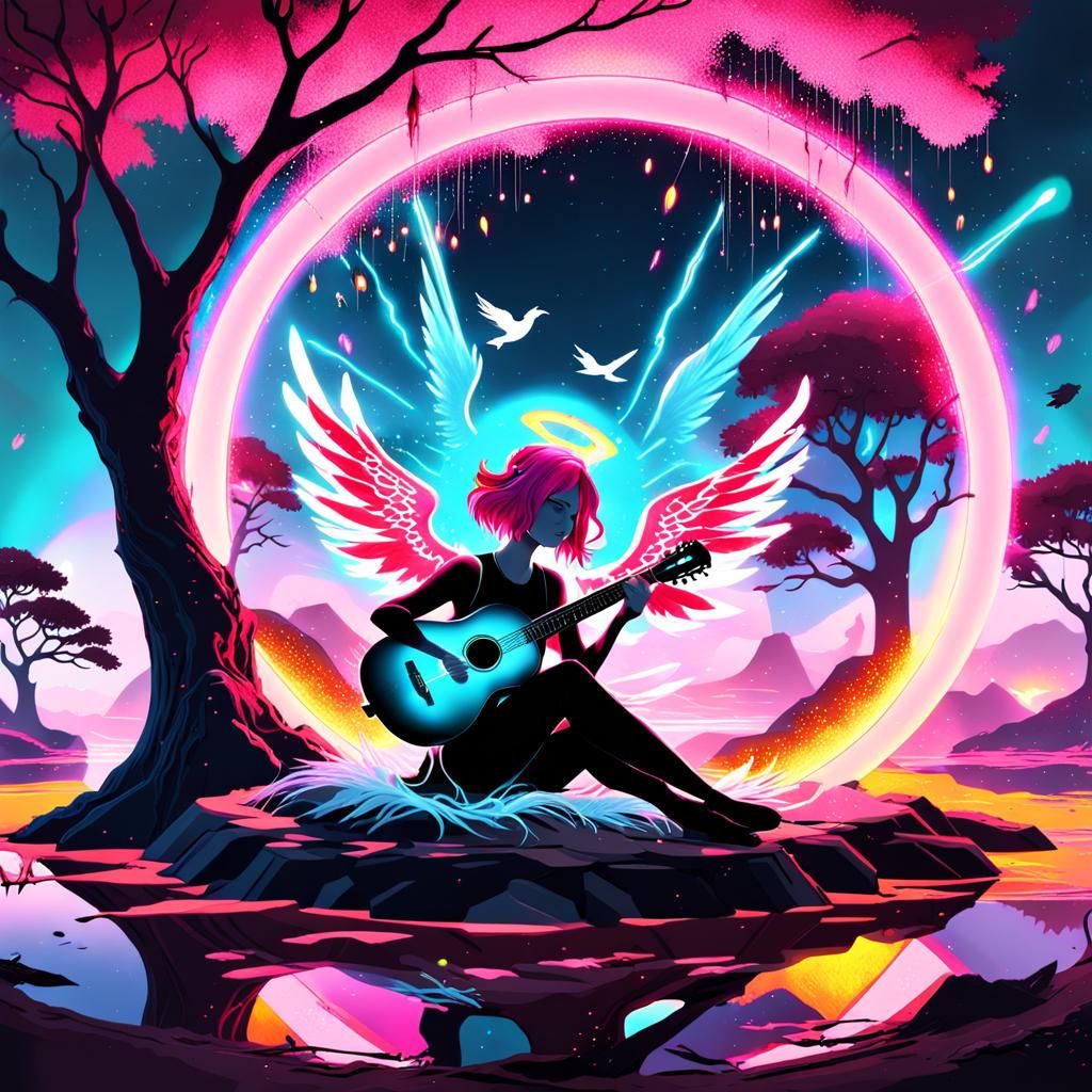 Woman with Bird Wings Playing Lute in Neon Landscape