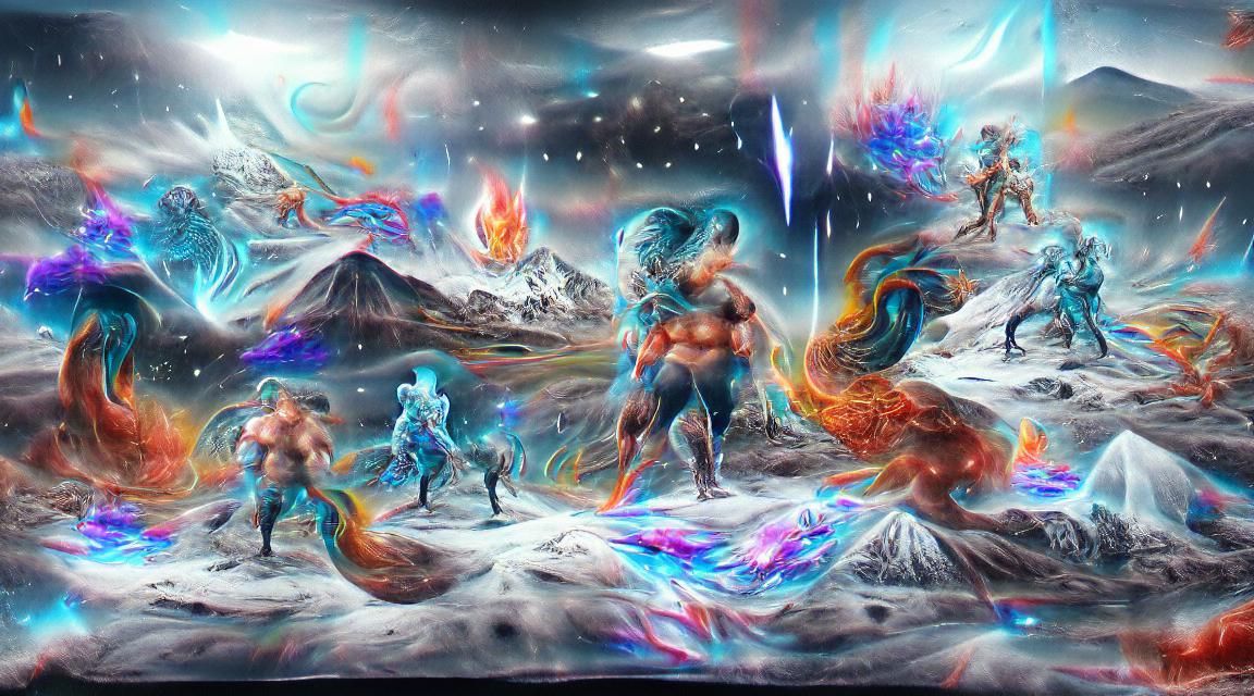 Elemental beings fighting in a cosmic landscape