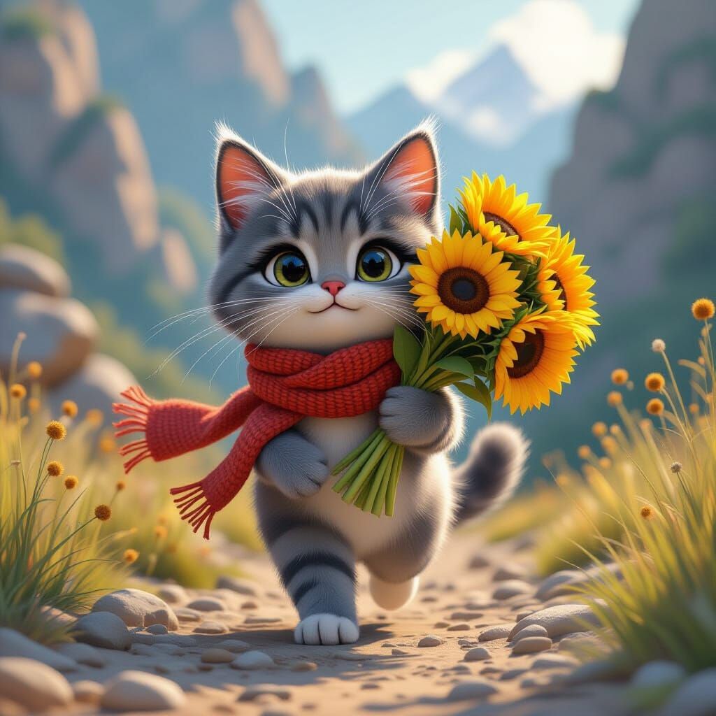 Knitted Cat with Sunflowers on Rocky Path
