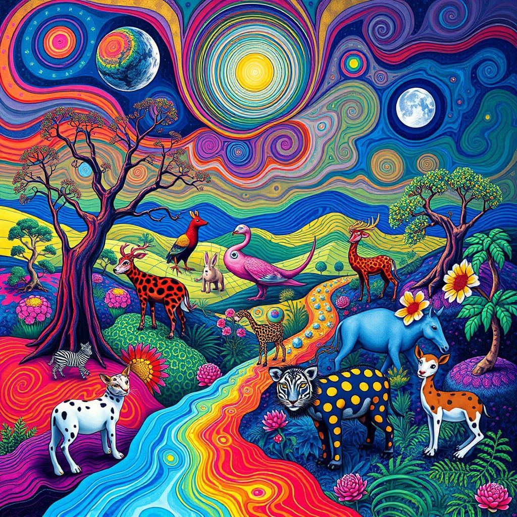 Psychedelic Animals in a Surreal Landscape